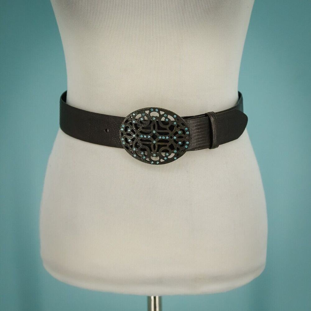 Carlisle Size XS Black Leather Statement Rhinestone Jewel Buckle Adjustable Belt